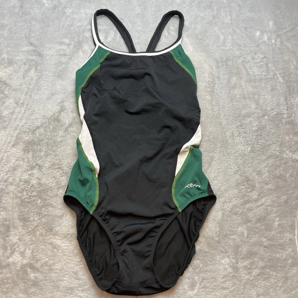 Dolfin‎ Womens Reliance One Piece Swimsuit Size 40/14 Black Green T-Back Comp